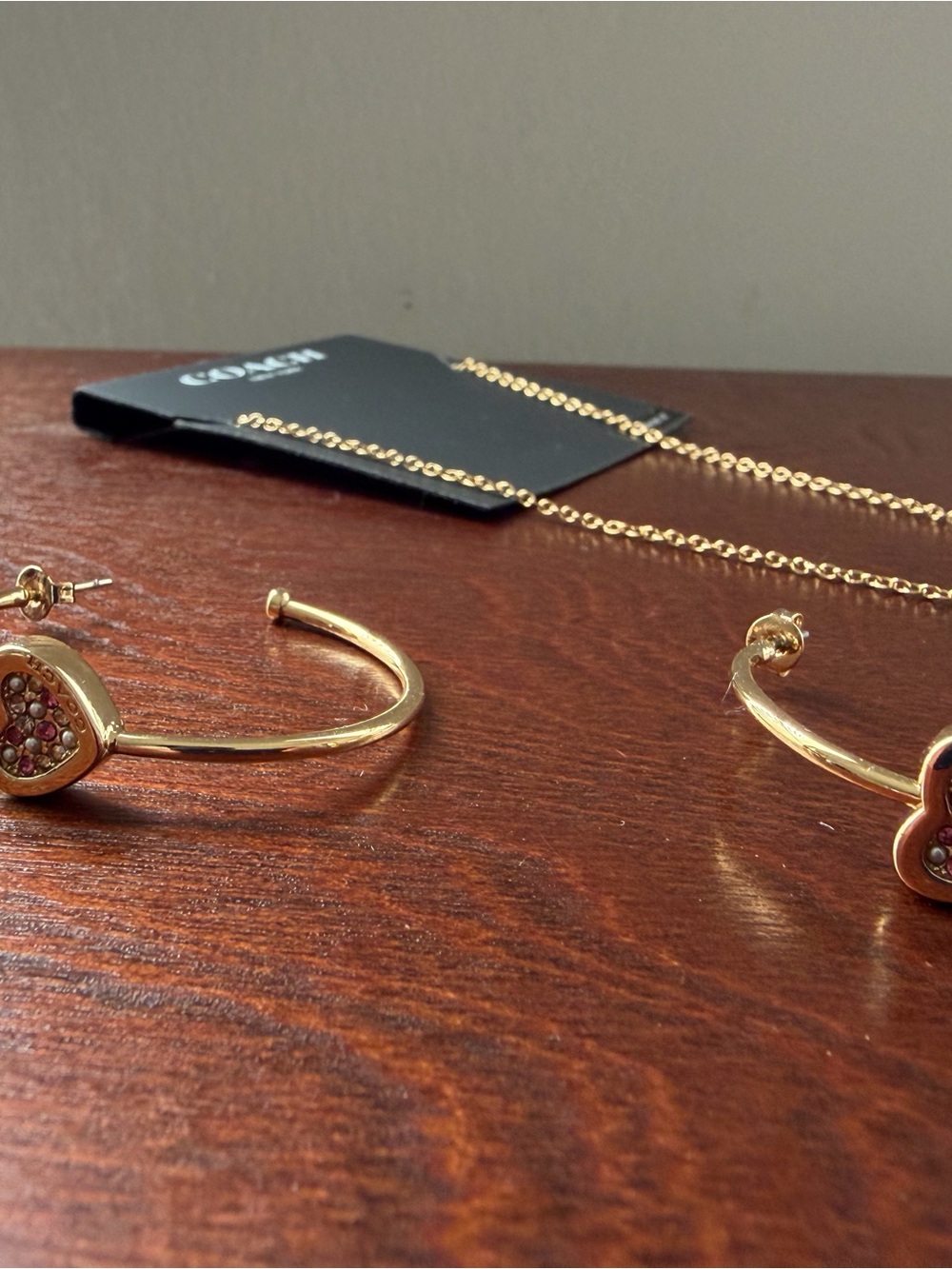 Coach Gold Hoop Earrings with Gold Chain Necklace - Picture 2 of 3